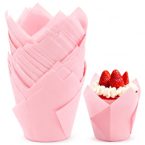 50 Pcs Pink Tulip Cupcake Liners for Baking, Muffin Liners - color: Pink