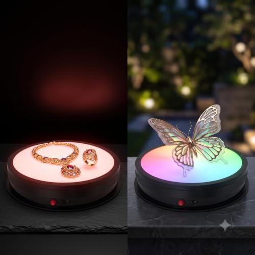 JAYEGT LED Light Base Non-Slip Rotating Display Stand , 110Lbs Load,360 Photography Turntable for Products Shows, Glass Crystal Artwork, Jewelry,Remote control(16.5inch / 6Color LED Light/Black/Wired) - color: Black, size: 16.5inch