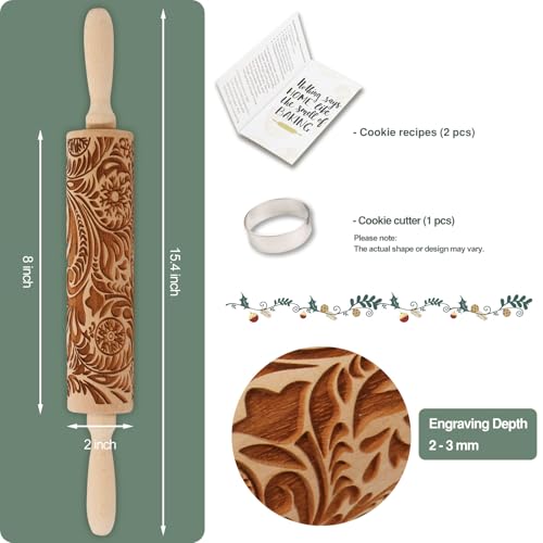 Embossed Rolling Pin for Baking Cookies Christmas Embossing Rolling Pins with Design Wooden Engraved Springerle Roller Pin Dough Patterned Clay Pottery Ceramic Bakers Women (Flower Snowflake Paisley) - color: Paisley Flower
