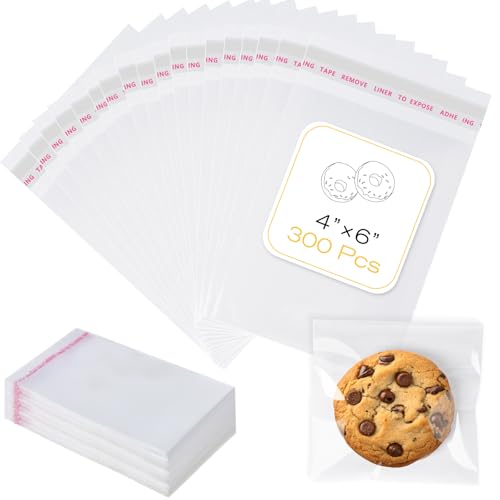 300 Pcs Cookie Bags with Seal, 4x6 Inches Self Sealing Cellophane Bags, Clear Cookie Bag Resealable Treat Bags for Packaging Cookies, Candy, Gifts, Favors, 3 Mils Individual Self Adhesive Wrappers - size: 4x6 Inch (Pack of 300)
