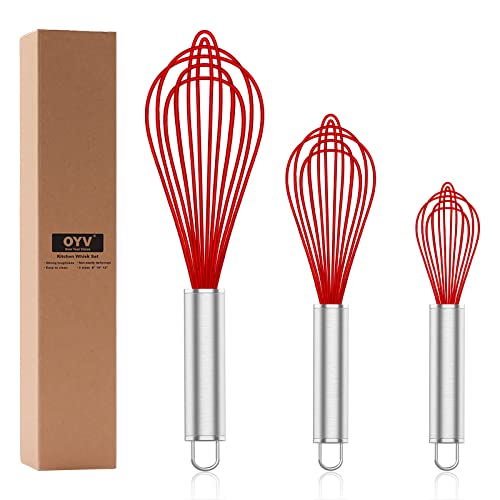 OYV Red Silicone Whisk Set of 3, 8/10/12 Inch, for Cooking Non-Scratch - color: Premium(Red Pack)