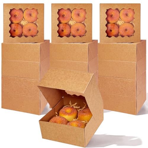 qiqee Auto-pop up 6x6x3 Inch Brown Cookie Box with Window 30Pcs Pastry Macaron Bakery Box for Packaging - color: 6x6x3, 30Pcs,Brown