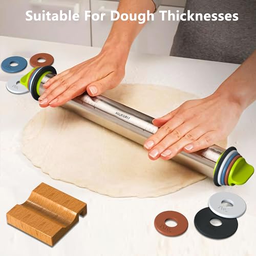 Stainless Steel Rolling Pin with 4 Thickness Rings Wooden Stand &Pastry Mat - color: Rolling Pin+Mat+Stand