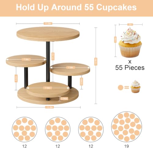 Cake Stand for 50 Cupcakes 360°Rotating Wooden Cupcake Display Stand Round Cookie Stands 4 Tiered Tray Stand for Parties Birthday Wedding Baby Shower Afternoon Tea Dessert Table, Oak - color: Oak