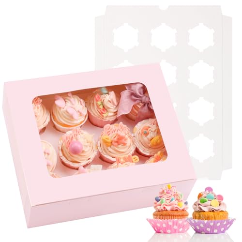Moretoes 3PCS Pink Cupcake Boxes with Window(12 Count Cupcake Containers) - color: Pink