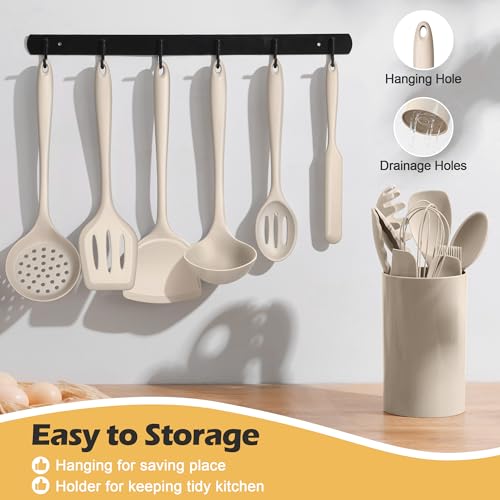 Homikit 15-Piece Kitchen Cooking Utensil Set, Silicone Utensils with Holder - color: Khaki