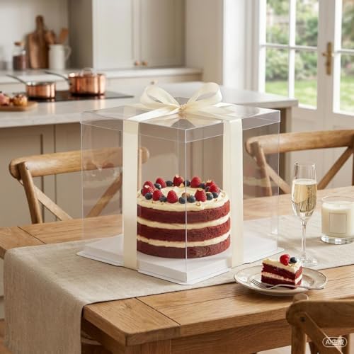 10x10x9 Clear PET Cake Boxes 5 Pack with Food-Grade White Base & Just For You Satin Ribbon, Rigid Waterproof Cake Carrier for Home Bakers, Birthday Wedding Cake, Dessert Snack & Gift Display Box - size: 10 inch