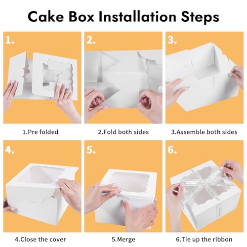 JCD 48pcs Cake Boxes 8x8x5in with Window,White 8 inch Cake Boxes with Boards for Pastries,Cupcakes,Cookies, Pie, Muffins and Donuts(24 Boxes &24 Boards & Stickers & ribbon) (8 * 8 * 5inch/24sets) - size: White 8*8*5inch/24sets