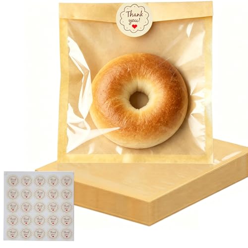 100Pcs Brown Paper Cookie Bags with Stickers & Window 5x7.5 inch - size: 13X19CM