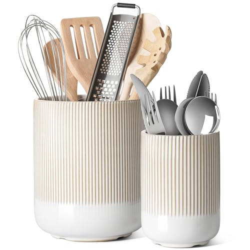 LE TAUCI Ceramic Kitchen Utensil Holder for Counter, 7.3/5.4", Warm White - color: Warm White Reactive Glaze, size: 7.3" & 5.4"
