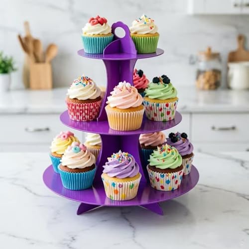 YLDW Cupcake Stand, 3-Tier Cupcake Stand Display, Cardboard Cup Cake Tower Stand, Disposable Dessert Stand for Birthday Tea Party Baby Shower Treat Decorations, Purple - color: Purple