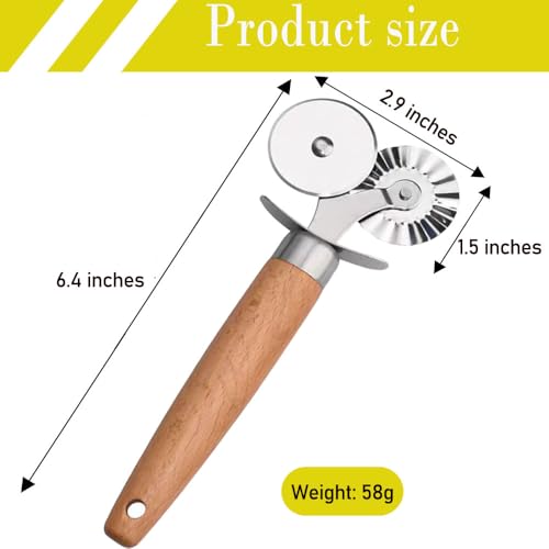 Stainless Steel Double Roller Pastry Wheel Cutter with Long Wooden Handle,Pizza,Ravioli Wheel,Multipurpose Pasta Cutter Wheel for Kitchen