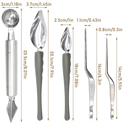 5 Pieces Culinary Drawing Decorating Spoon Set, Drizzle Spoons, Cooking Tweezers and Melon Baller Spoon, Professional Chef Tool for Decorating Plates