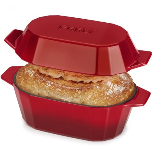 Enameled Cast Iron Dutch Oven for Bread Baking – 3QT Oval Round Heavy Duty Bread Pan with Lid, Non-Stick Ceramic Coating,Loaf Cast Iron Bread Oven for Sourdough, Baking, Roasting, Braising, Stovetop & Oven Safe - color: Red