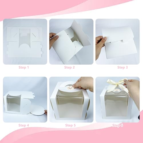 MUMULULU 15 PCS 6 x 6 x 6 Inches Cake Boxes with Carry Handles and Cake Boards White Bakery Boxes with Silk Ribbon and Stickers for Cakes Pastries Birthday Party Wedding - color: White 6×6×6