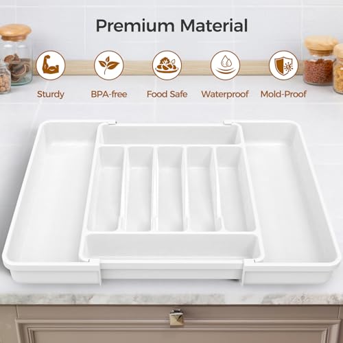 ukeetap Extra Large Expandable Silverware Organizer, Flatware Tray,White - color: White