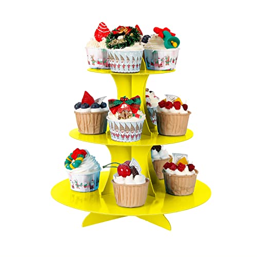 YLDW Cupcake Stand, 3-Tier Cupcake Stand Display, Cardboard Cup Cake Tower Stand, Disposable Dessert Stand for Birthday Tea Party Baby Shower Treat Decorations, Yellow - color: Yellow