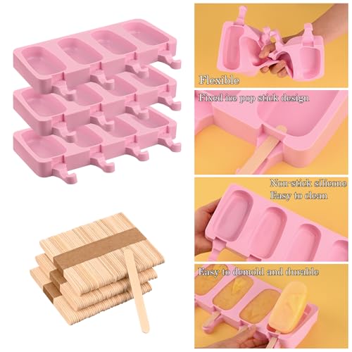 Sakolla 3 Pack Large Silicone Popsicle Molds with 150 Pcs Wooden Sticks - size: 3 Pcs Large - Pink