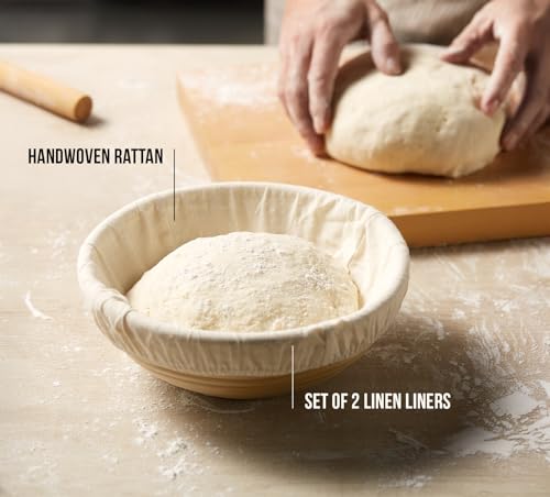 Kook Banneton Bread Proofing Baskets, Artisan Sourdough Bread Making Baskets, 9 Inch Handwoven Rattan Baskets and Cloth Liners, Set of 2, Round - color: Round Baskets