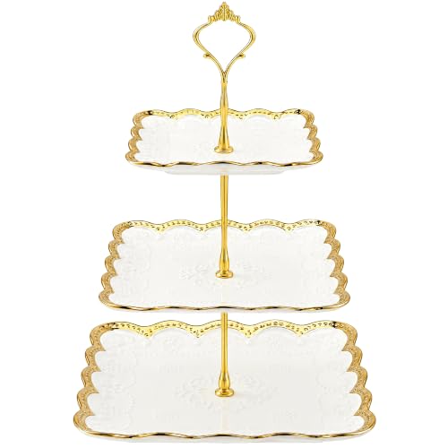 Kochorie 3 Tier Square Ceramic Cupcake Stand Gold Rim White Serving Tray - style: Square