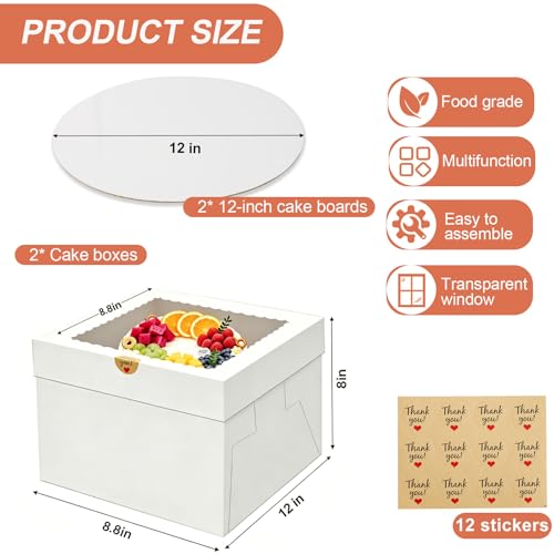 2 Pack Cake Boxes with Window, 12x12x8 Inch, Cake Carrier with Lids