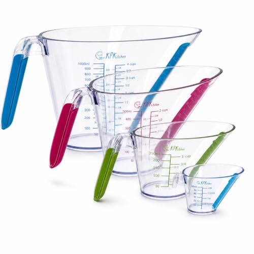 Liquid Measuring Cups with Spouts, 4-Piece Angled Plastic Set, 1 to 4 Cups