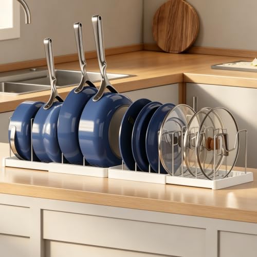Magheo 1 Pack Expandable Food Storage Container Lid Organizers, 31.3" Pots and Pans Organizer Under Cabinet with 12 Adjustable Dividers Pot and Pan Lid Holders Rack Inside Cabinet(White) - color: White, size: (1 Pack)31.3"D x 7.9"W x 5.9"H