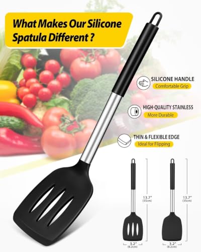Pack of 2 Silicone Solid Turner, Non Stick Slotted Kitchen Spatulas, High Heat Resistant BPA Free Cooking Utensils, Ideal Cookware for Fish, Eggs, Pancakes(Black) - color: Black