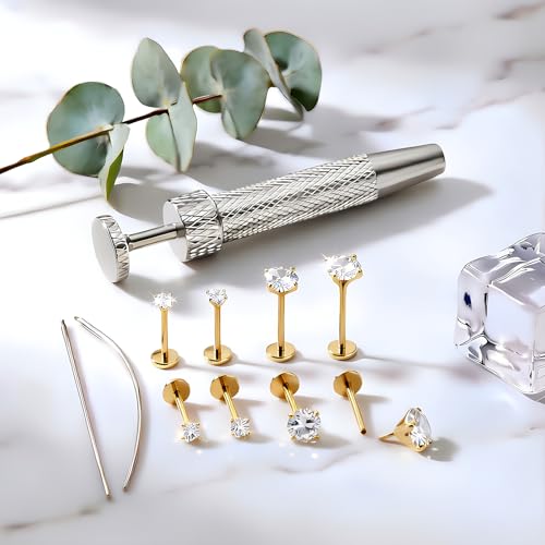 16G 18G Flat Back Earrings Stud 316L Surgical Stainless Steel Internal Thread Piercing Jewelry for Helix, Cartilage, Tragus, Nose, Labret – with Ball Grabber Tool - color: Gold：16G Bar-6/6/7/8mm & CZ-2/2.5/3/4mm
