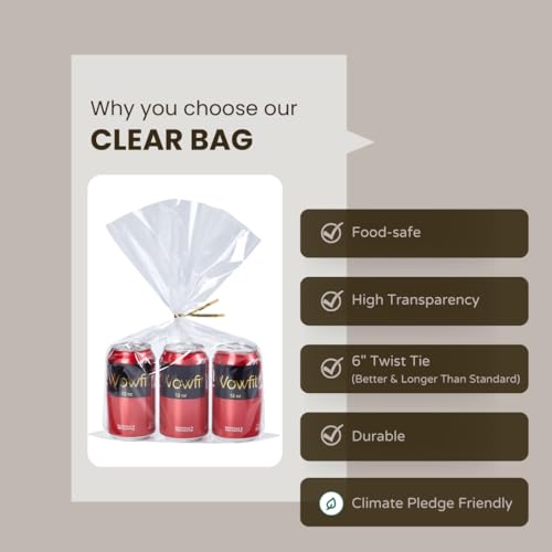 Wowfit 10x16 Large Clear Cellophane Gift Bags, 50 CT, 6" Gold Twist Ties - size: 10x16 Inch (Pack of 50)