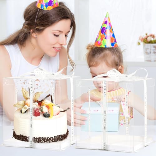 JCD 10inch Large Transparent Cake Box,6 Pcs Clear Cake Boxes with Ribbon,10x10x9inch,Suitable for 8" or 9" cakes, Tall Cake Carrier for Display and Gift Packaging(Clear Lid, 10 * 10 * 9inch/6Pcs) - size: Clear lid 10inch/6Pcs