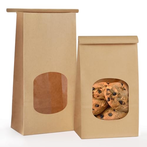 50 Pcs Bakery Bags with Window, Tin Tie Tab Cookie Bags, 3.9x2.3x8 Inches - color: Brown