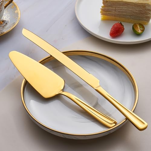GoGeiLi Gold Stainless Steel Wedding Cake Cutting Set - color: Gold