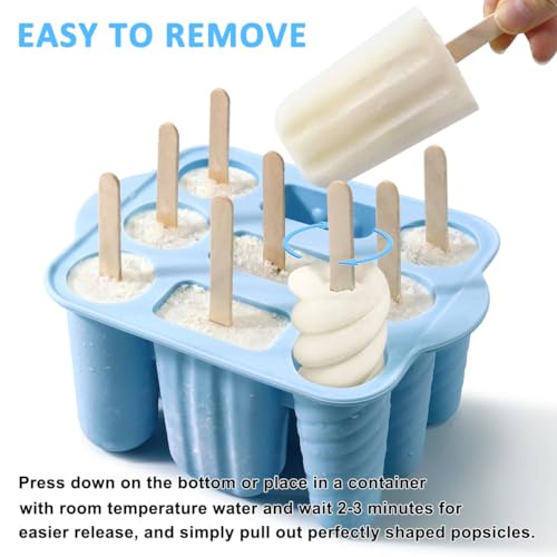 9 Cavity Popsicles Molds with 50pcs Wooden Sticks BPA Free Ice Pop Molds - color: Blue