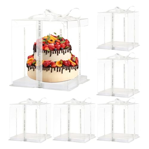 JCD 6Pcs Multi-Layer Tall Cake Boxes Clear Box with Ribbon, 8x8x9 inch,Ideal for 6" Inch Tall Layer Tiered Cakes,Gift Boxes for Wedding Party and Gift Display (Clear Lid, 8 * 8 * 9inch/6Pcs) - size: Clear Lid 8inch/6Pcs