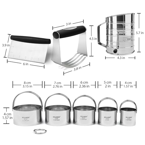 HULISEN 5-Pc Biscuit Cutters, Flour Sifter, Pastry Scraper, Dough Blender - size: 4 Pcs Pastry Cutter Set with 3 Cup Flour Sifter