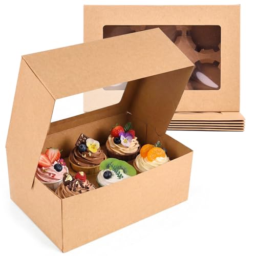 HANSGO 6 Count Cupcake Boxes,6 PCS Cupcake Containers with Window - color: Brown