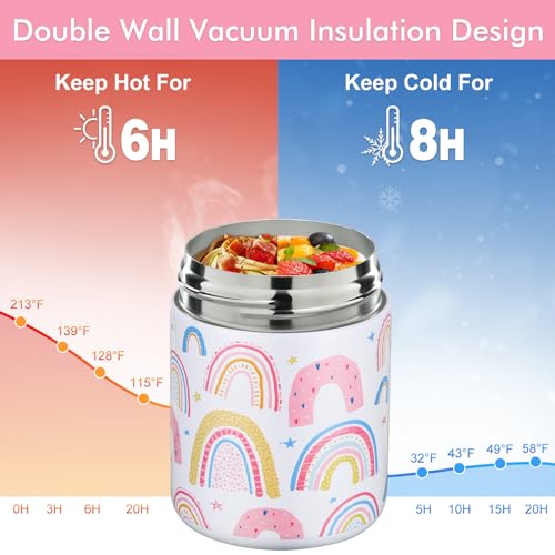wiwens 12oz Soup Thermo for Hot Food Kids Insulated Food Jar Wide Mouth Lunch Container Leak Proof Stainless Steel Vacuum Bento Box for School Office Travel Outdoors White-Rainbow - color: White-Rainbow