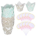 uxcell 100Pcs Tulip Cupcake Liners with 10Pcs Cheese Markers Muffins Liners - color: White Blue/White Gold