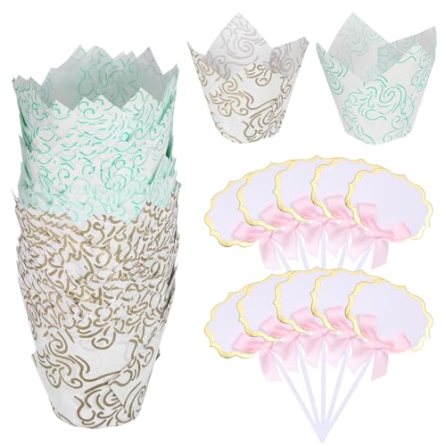 uxcell 100Pcs Tulip Cupcake Liners with 10Pcs Cheese Markers Muffins Liners - color: White Blue/White Gold