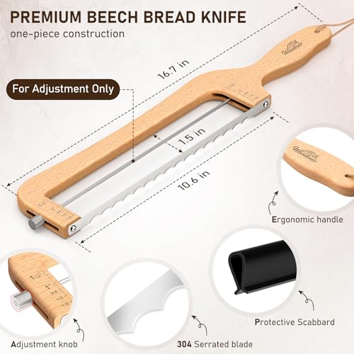 Woodever Adjustable Bread Knife for Home Use, Wooden Sourdough Bread Slicer for Homemade Bread with Bow Design, Premium Stainless Serrated Bread Cutter for Bagels and Baguettes-Natural
