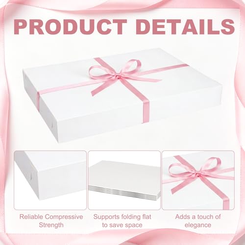 5 Set Full Sheet Cake Box 26 x 18 x 4 Inch with Cake Boards and Pink Satin Ribbon Large Rectangle Bakery White Bakery Boxes for Packaging Cupcakes Muffins Pie