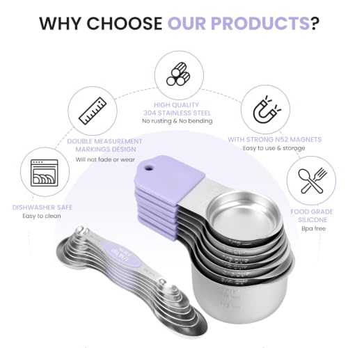 Magnetic Measuring Cups and Spoons Set-Heavy Duty 304 Stainless Steel - color: Lavender