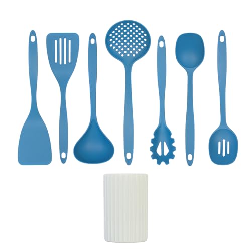 Glad Kitchen Utensils Set, 8pcs - Nonstick Cooking Tools with Utensil Holder - Nylon Spoon, Ladle, Skimmer, Spaghetti Server, and Turner Spatula Set - Dishwasher Safe, Blue - color: Blue, size: 8-piece Set