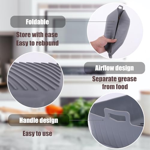 Golden Associate Silicone Liners Square for 8 to 8.5 inch Air Fryer, 2 Pcs Non-stick Food-grade Reusable Basket Baking Tray Airfryer Accessories, Grey - size: 8'' square