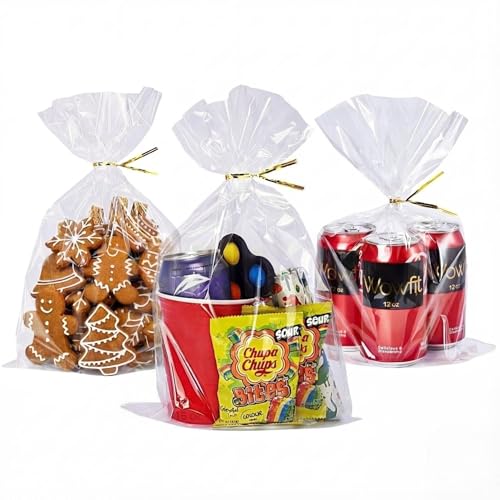 Wowfit 9x14 Clear Cellophane Goodie & Gift Bags, 50 CT, 6" Gold Twist Ties - size: 9x14 Inch (Pack of 50)