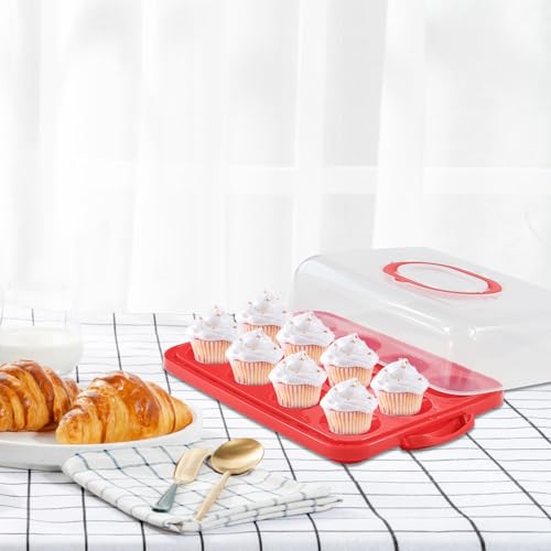 Cake Carrier with Lid, Cake Holder Cupcake Container for 12 Cupcakes 2 in 1 Portable Dessert Container for Pie Muffin Cobbler (Red) - color: Red