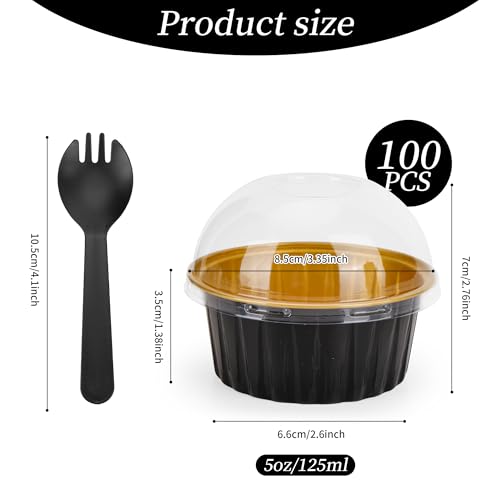 100-Pack 5 oz Black Gold Mini Cake Pans with Lids, Disposable Aluminum Foil Baking Cups, Muffin Tins, Ramekins for Cupcakes, Brownies, Flan, Pudding - Wedding, Birthday Party Supplies - color: Black/Gold