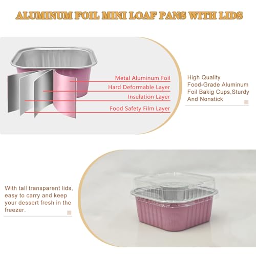 Mini Cake Pans With Lids 5oz, 50 Pack Mini Loaf Pans with Lids, Aluminum Foil Baking Cups, Disposable Square Brownie Baking Cupcake, Dessert Cups for Wedding, Birthday, Party, Picnics (Pink) - color: Pink, size: 5oz