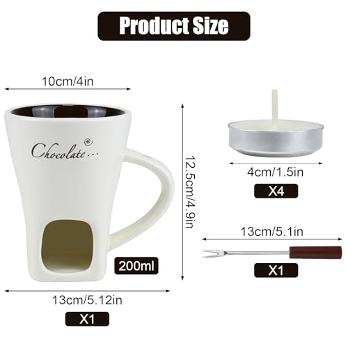 Sweet Fondue Cup Set, Chocolate Fondue Mug with 1 Fork and 4 Candles, Personal Ceramic Chocolate Melting Cup, Chocolate Fondue Cup, Ideal Gifts for Date Night, Birthday, Wedding (White) - color: White